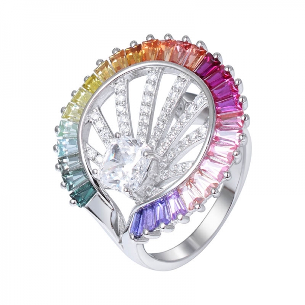 Taper Cut Simulated rainbow Sapphire rhodium over sterling silver rainbow wedding ring 