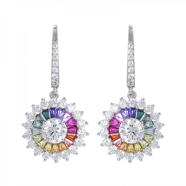 Colorful Taper Sapphire simulated Rhodium Over 925 Sterling Silver rainbow dangle earring 