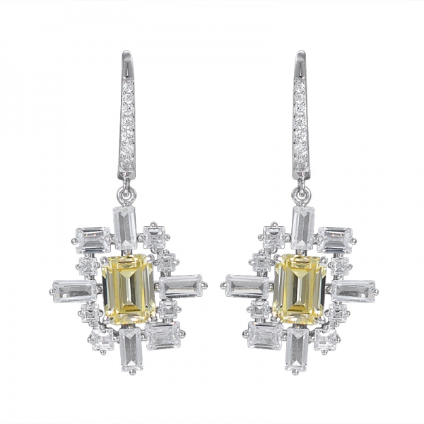 1 ct Created Yellow Diamond Emerald Cut Rhodium over Sterling Silver dangle earring 