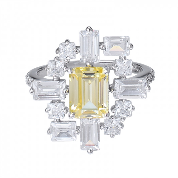 1 Carat Created Yellow Diamond Emerald Cut Rhodium over Sterling Silver statement band ring 