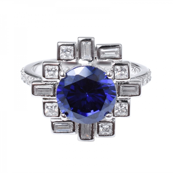 Blue Tanzanite Created Round Cut Rhodium Over 925 Sterling Silver ring 