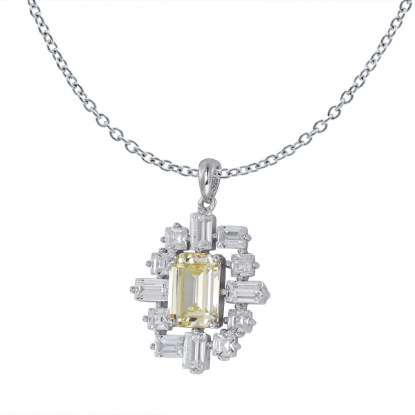 Created Yellow Diamond Emerald Cut Rhodium over Sterling Silver pendant for women 