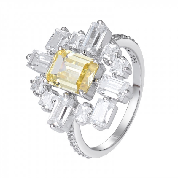 1 Carat Created Yellow Diamond Emerald Cut Rhodium over Sterling Silver statement band ring 