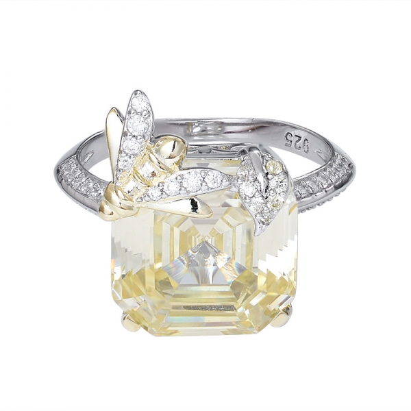 Lab created Yellow Diamond Asscher Cut 2 tone over Sterling Silver engagement ring 