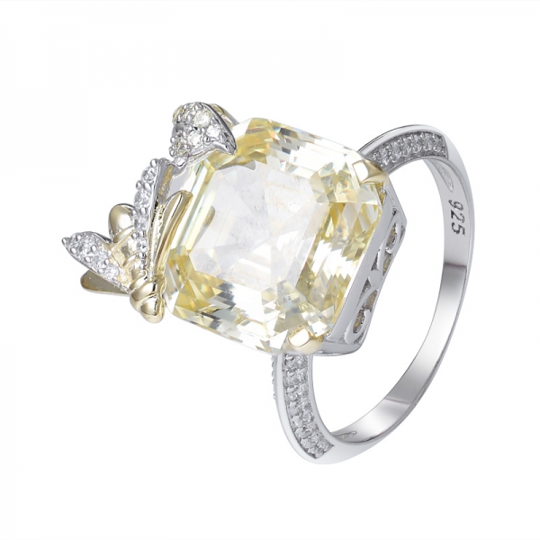 Lab created Yellow Diamond Asscher Cut 2 tone over Sterling Silver engagement ring 