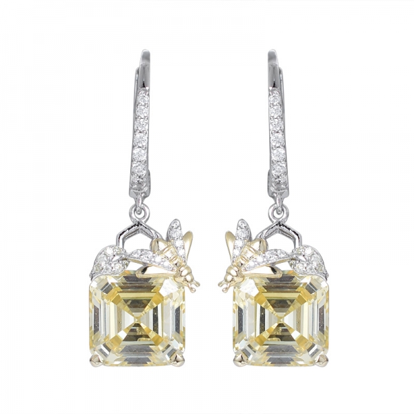 Lab created Yellow Diamond Asscher Cut 2 tone over Sterling Silver dangle earring 