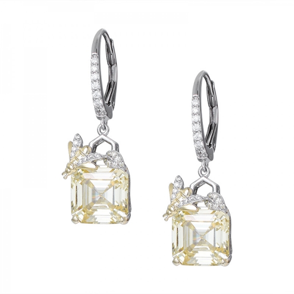 Lab created Yellow Diamond Asscher Cut 2 tone over Sterling Silver dangle earring 