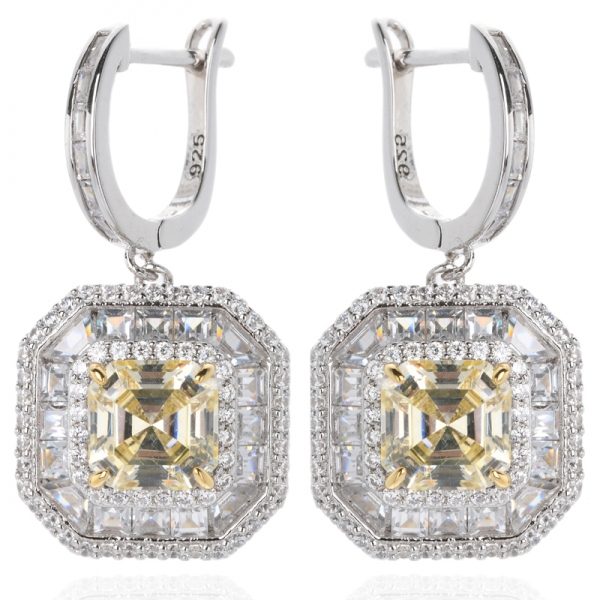 Asscher Cut Canary Cubic Zirconia Rhodium over Sterling Silver dangle earring 