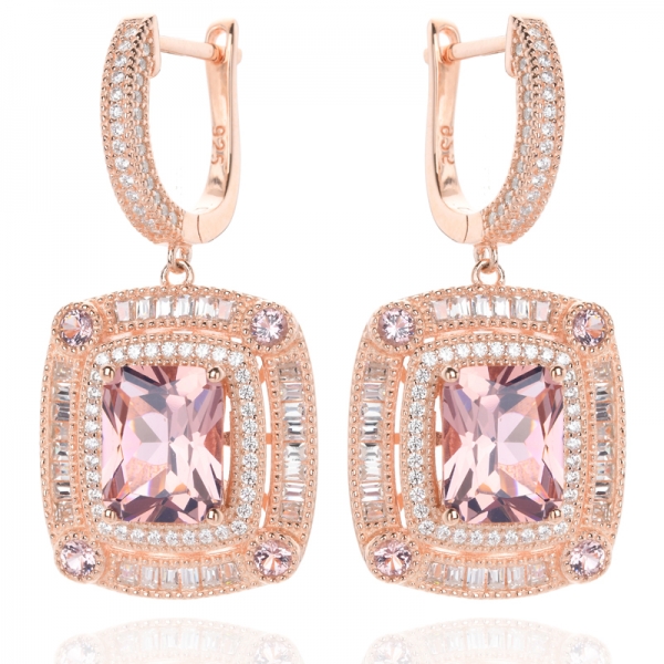 simulated Morganite Princess Cut Rose-Tone Sterling Silver Chandelier Earrings 