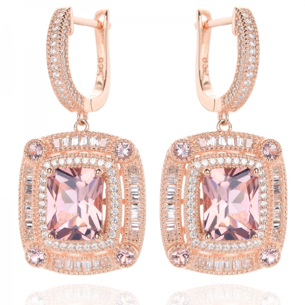 simulated Morganite Princess Cut Rose-Tone Sterling Silver Chandelier Earrings 