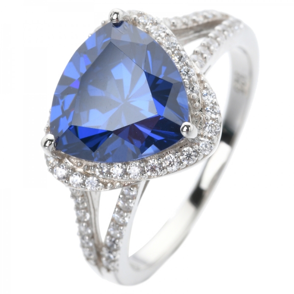 Trangle Cut created Tanzanite CZ rhodium Over Sterling design engagement ring 