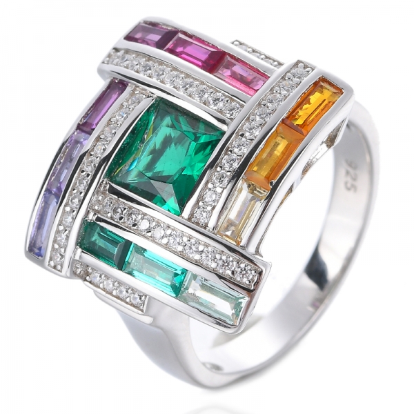 Baguette Multi Color CZ Rhodium Over Sterling Silver Ring 