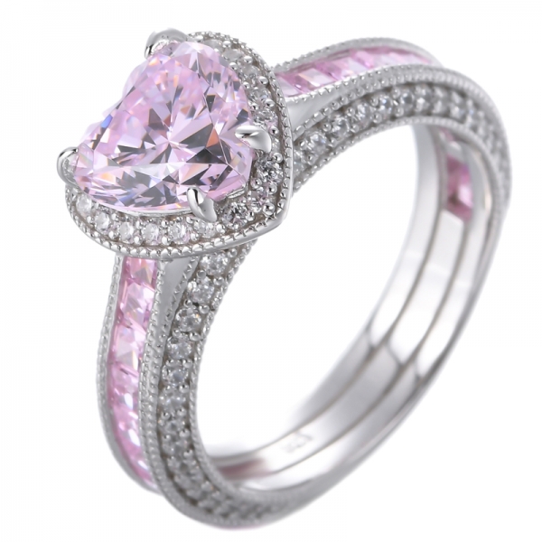 Heart Shape Diamond Pink Color Cubic Zirconia Rhodium Over Sterling Silver Ring 