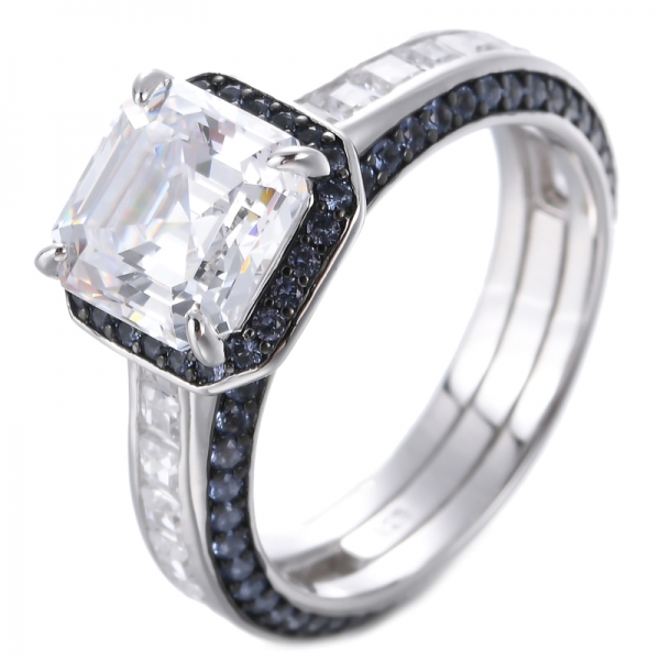 Asscher Cut White Center With Round Champagne Cubic Zirconia  2-Tone Over Sterling Silver Ring 