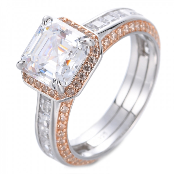 Asscher Cut White Center With Round Champagne Cubic Zirconia  2-Tone Over Sterling Silver Ring 