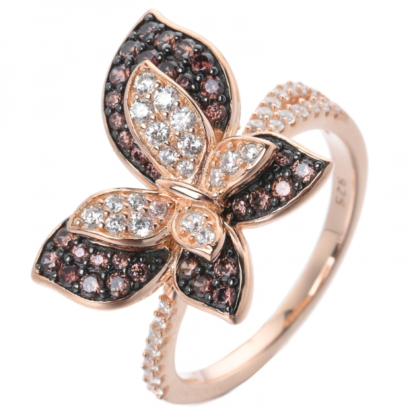 rose gold plated Sterling Silver Butterfly Cocktail Ring with White & Chocolate Color CZ 