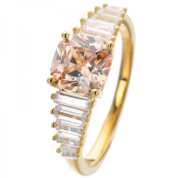 18k yellow Gold Plated Sterling Silver Champagne Cubic Zirconia Cushion Cut 7mm engagement Ring 