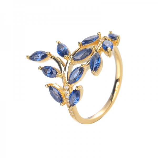 created blue sapphire gemstone yellow gold plated sterling silver olive leaf shape wedding ring 