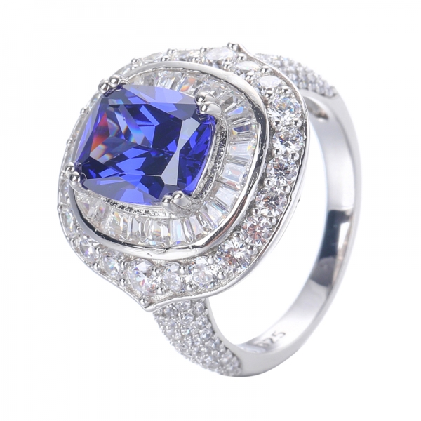 925 Sterling Silver Cushion Cut Created Tanzanite & Cubic Zirconia Princess Ring 