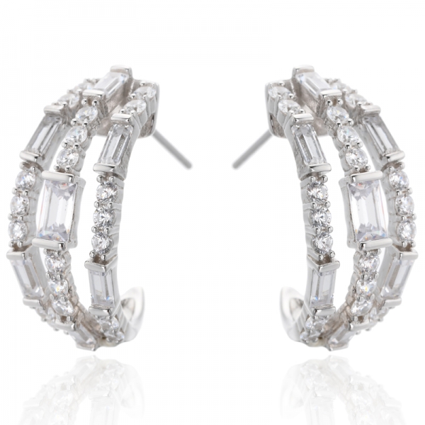 Round Baguette Crystal Cubic Zirconia Open Half Hoop Earrings 