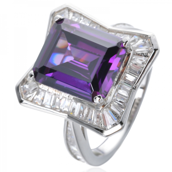 925 Sterling Silver Emerald cut Purple Amethyst Women's Engagement Ring 