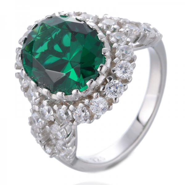 Oval Green Nano Emerald and White Cubic Zirconia 925 Sterling Silver Promise Ring 
