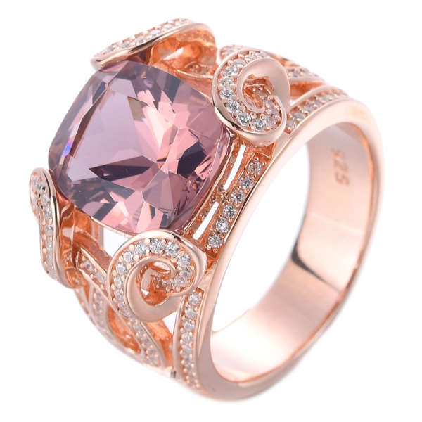 Simulated Morganite Rose-Tone Sterling Silver Cushion Pave Ring 