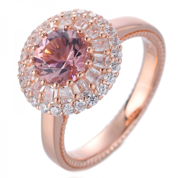 7mm Round Cut 1.2ctw Created Pink Morganite Solid Rose Gold Floral Halo Engagement Ring 