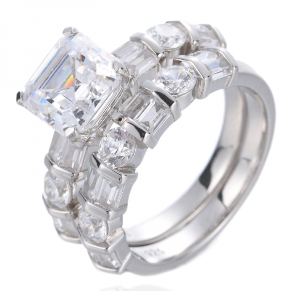 925 Sterling Silver Infinite Elements Asscher Zirconia Antique Ring Set 