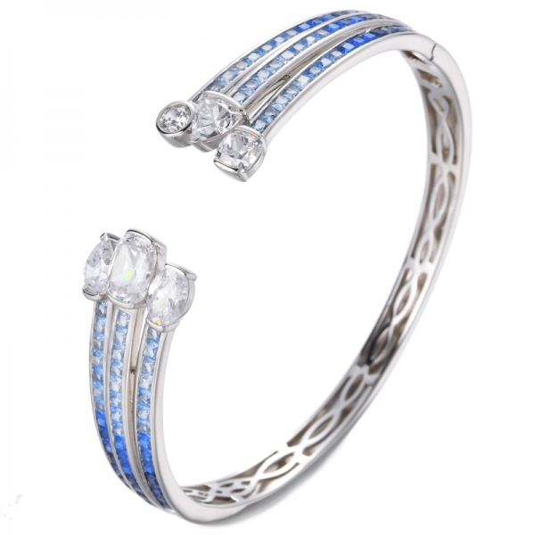 Synthetic Blue Sapphire & White CZ Dainty Cuff Bangle Bracelet 