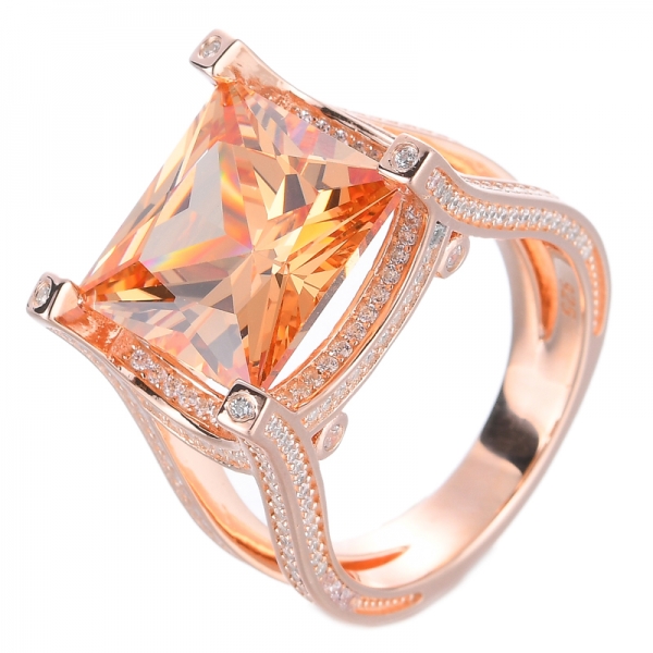 Princesss Cut Champagne Topaz CZ Engagement Ring Rose Gold Wedding 