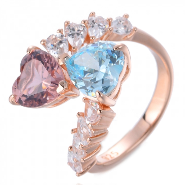 Rose Gold Heart Shaped Wave Morganite&Aqua CZ Double Stone Promise Party Ring 