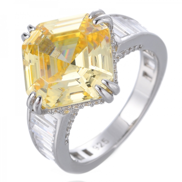Solid White Gold Asscher Cut Certified Yellow Diamond Engagement Ring 