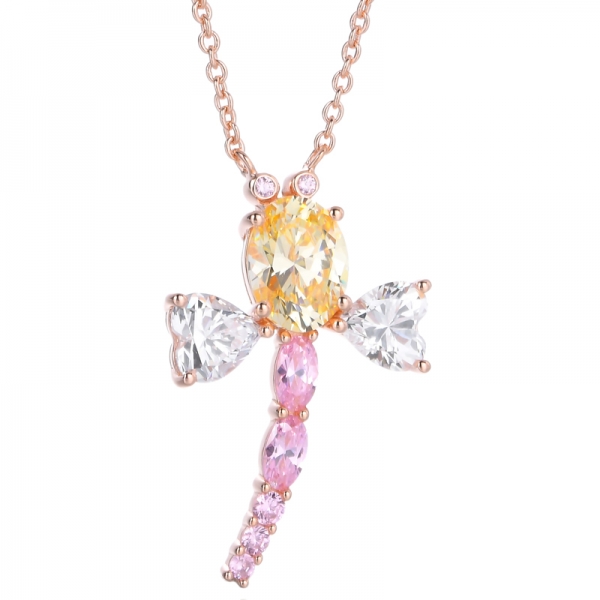 Sterling Silver Multi Diamond Gemstone Dragonfly Pendant Necklace 