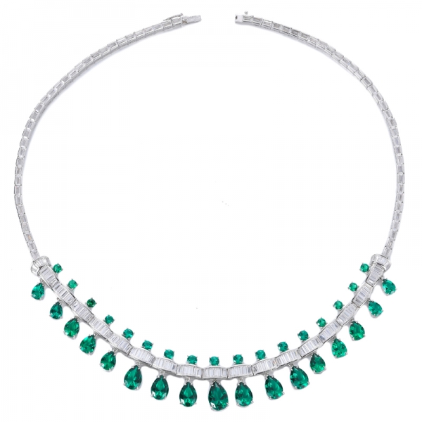 Rhodium Plated Sterling Silver Created Green Emerald Gemstone and Diamond Accent Dinner Party Necklace 
