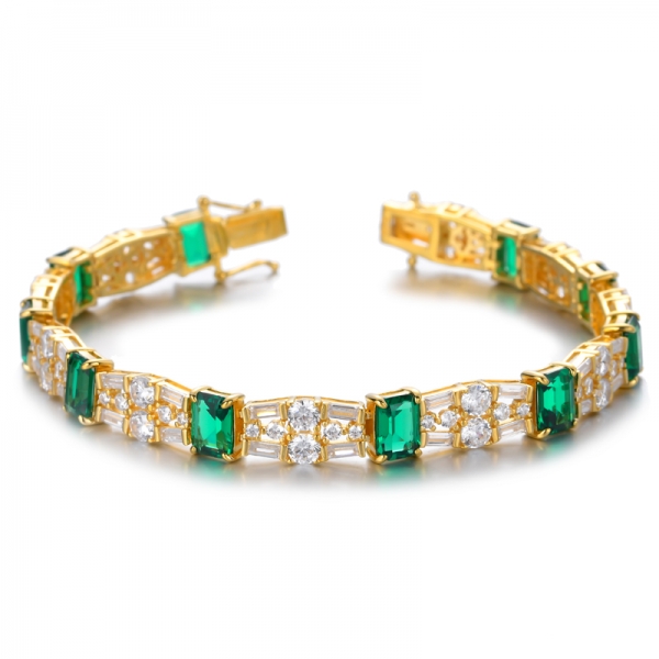 Green Simulated Emerald 18K Yellow Gold Plated Silver 7 Inch Bracelet 