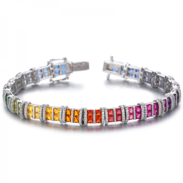 Colorful Cubic Zirconia Square Simulated Blue Sapphire Rainbow Collection Tennis Bracelet 