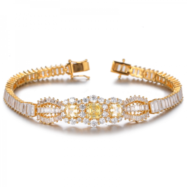 925 Sterling Silver Yellow Diamond Asscher Cut Halo Bracelet 