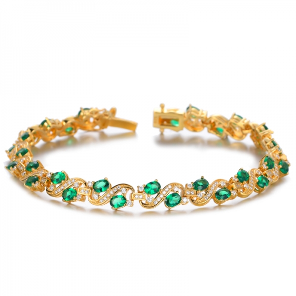 Oval Green Simulated Emerald 18K Yellow Gold Plated Silver 7 Inch Bracelet 