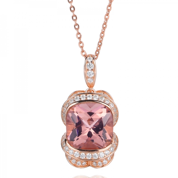 Created 10.0mm Cushion Pink Morganite Gemstone & Round Diamond Ladies Pendant 