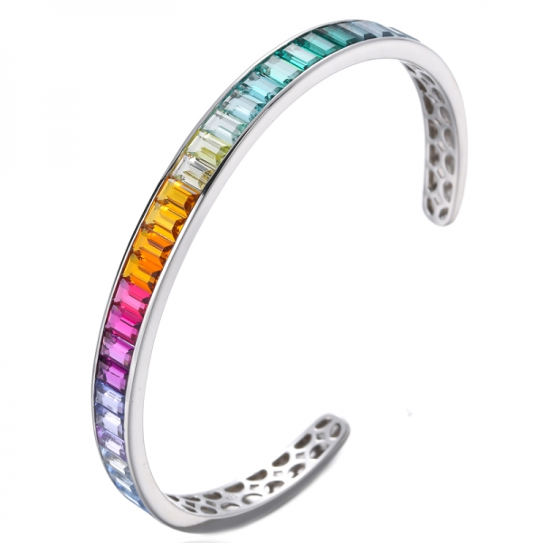 925 Sterling Silver White Gold Flash-plated Baguette Colorful CZ Cubic Zirconia Cuff Bangle 