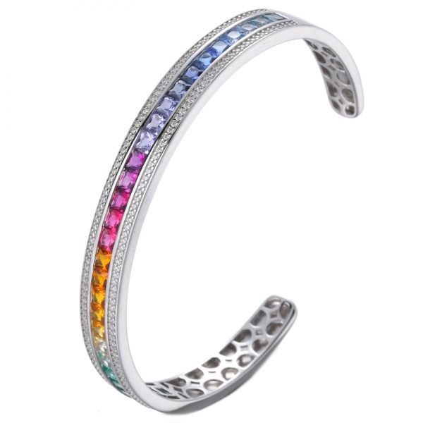 AAA Colorful Cubic Zirconia Stone Princess Cut Women Bridal & Party Rainbow Bangle 