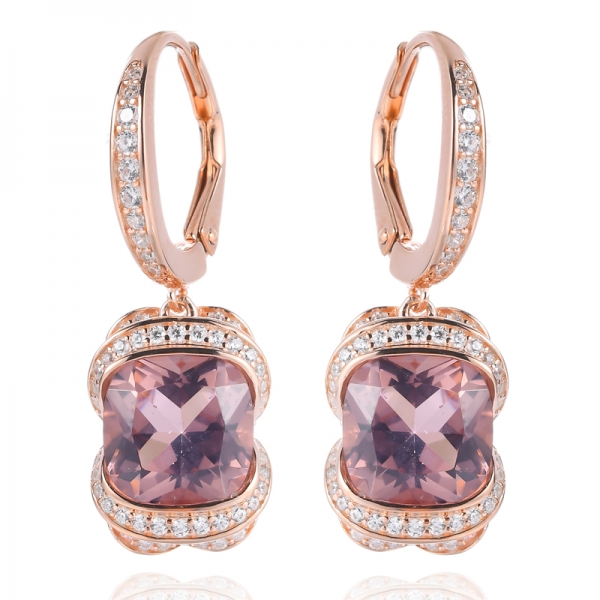 18K Rose Gold Plated Silver Cushion Morganite Dangle Earrings 