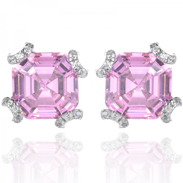 925 Pink Asscher Cut Rhodium Plating Over Sterling Silver Stud Earrings 