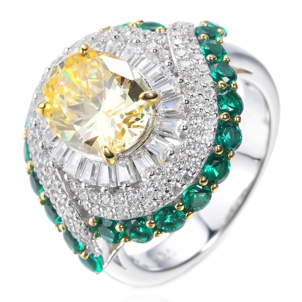 Two Tone Plated Silver Ring With Oval Canary Center And Green Accent 
