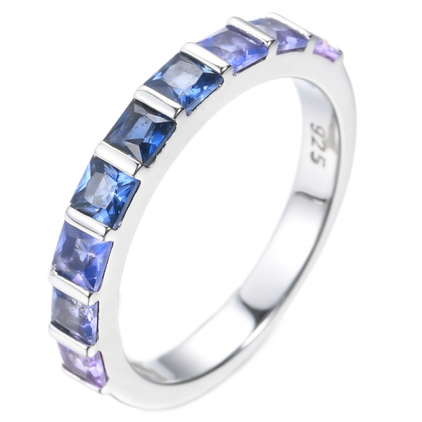 925 Sterling Silver Band Ring With Gradual Sapphire Blue Nano 