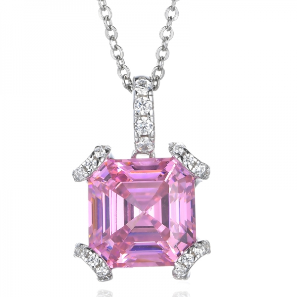 Fancy Asscher Cut Pink CZ Center Rhodium Plated Silver Pendant 