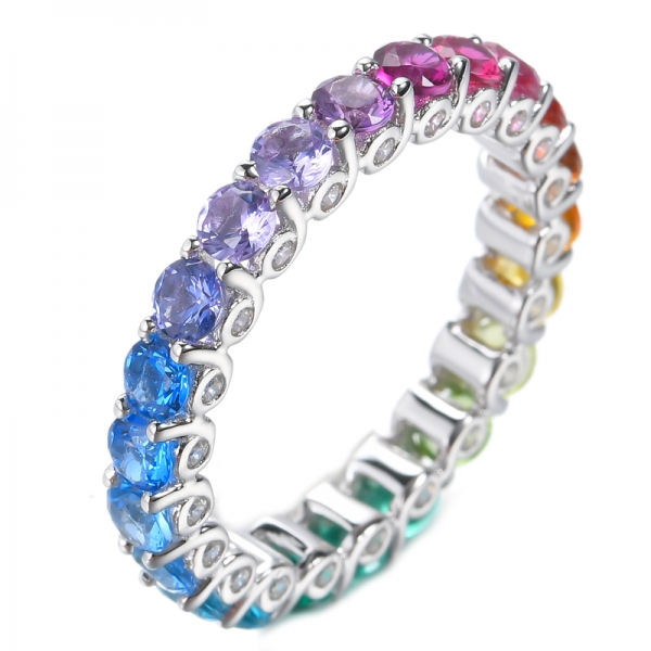 925 Round Rainbow Eternity Ring Rhodium Plating Over Sterling Silver 