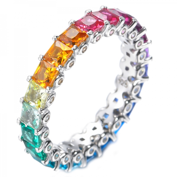 925 Square Rainbow Eternity Ring Rhodium Plating Over Sterling Silver 