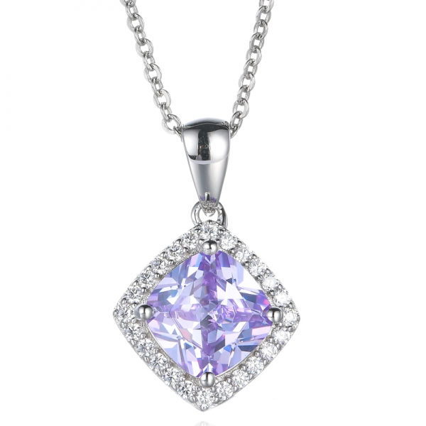 925 Sterling Silver Solitaire Pendant With Cushion Lavender CZ Center 